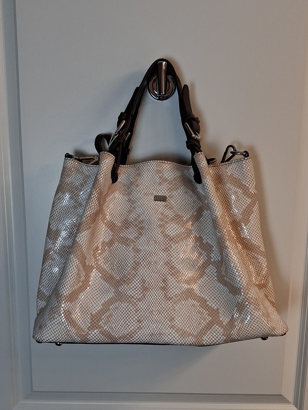 TSD12 Italian Made Python Embossed Cream Color Convertible Satchel Bag